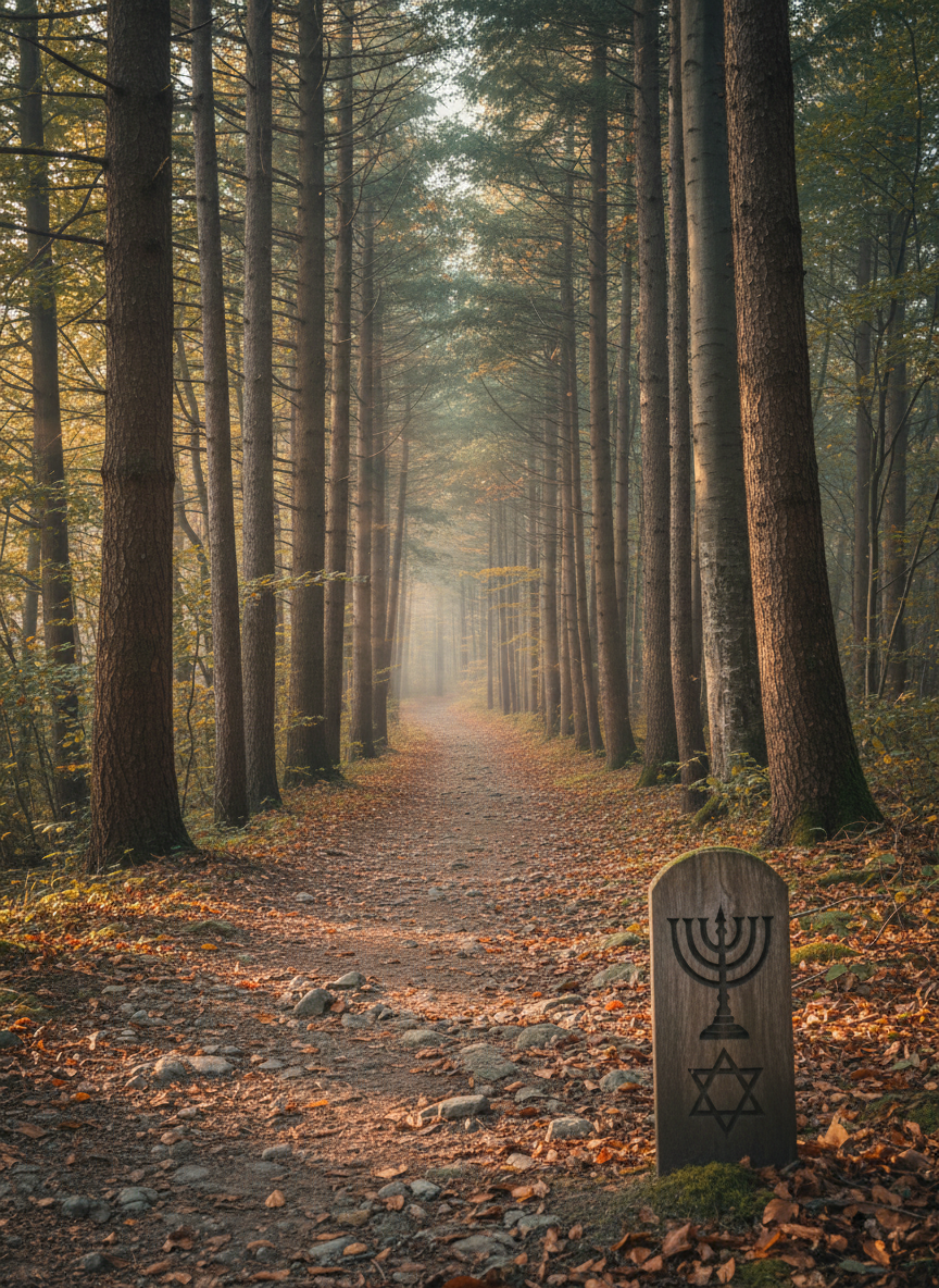 A narrow, meandering dirt path winds through a quiet forest of tall, slender trees, their bark textured and varied in muted browns and grays. The path is clearly defined yet slightly rugged, scattered with small stones and fallen leaves. In the foreground, a small wooden waymarker bears an engraved Messianic symbol, subtly weathered but still clear. Soft morning light filters through the canopy, casting dappled patches of illumination along the path and creating long, gentle shadows. The air appears crisp and clean, with a faint mist in the distance hinting at mystery ahead. Photographic realism, captured from a low, forward-facing angle that invites the viewer to step into the journey, emphasizing a serene, introspective mood aligned with the ongoing walk of faith.