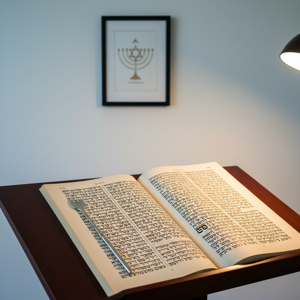 An open Torah scroll displayed on a dark wooden lectern, its parchment a warm, creamy tone with finely inked Hebrew script running in meticulous columns. A small, polished silver yad pointer rests lightly on one line, catching the soft gleam of light. Behind the scroll, a clean, uncluttered study wall holds a single minimalist framed print of a subtle Messianic symbol. Overhead, diffused, cool daylight from an unseen window combines with a soft, warm desk lamp to create balanced, professional lighting that reveals every texture in the parchment and wood grain. Photographic realism, shot from a slightly elevated three-quarter angle, with a moderate depth of field that keeps the scroll sharp while gently softening the background, evoking reverence, scholarship, and thoughtful exploration of faith in Yeshua.