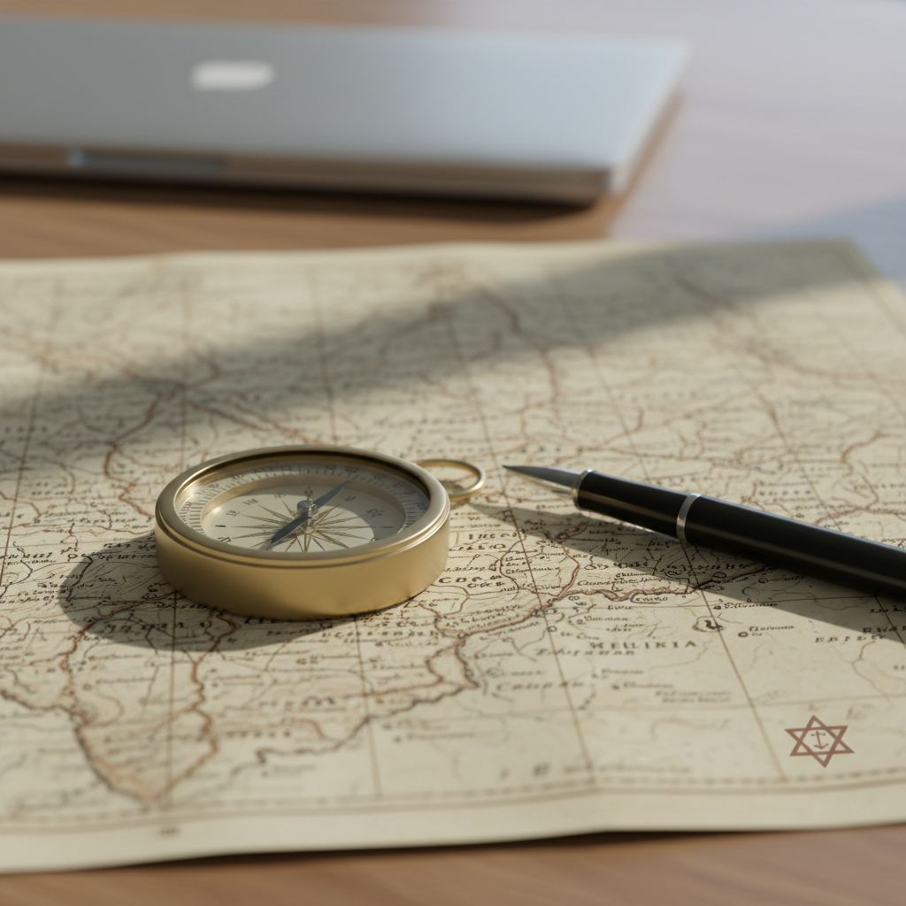 A sturdy compass with a brushed metal casing and clear glass face lies on an old, unfolded map spread across a clean wooden desk. The map shows faintly aged, sepia-toned contours and place names, with a small Messianic symbol discreetly printed in one corner as a destination marker. Next to the compass, a fine-tipped pen rests diagonally, hinting at ongoing planning and reflection. Cool, diffused daylight enters from the left, casting soft, directional shadows and subtle highlights on the compass rim and pen clip. In the blurred background, the edge of a closed laptop suggests a modern, thoughtful approach. Photographic realism, captured from a slightly elevated, close-up angle with shallow depth of field, creating a focused, professional mood that symbolizes guidance, discernment, and the intentional path of a faith journey.