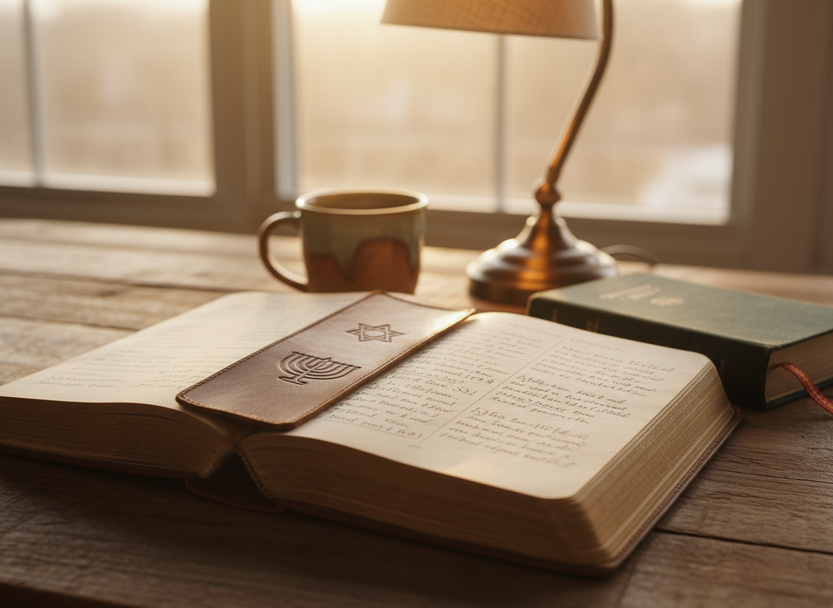 A well-worn leather-bound journal embossed with a subtle Messianic symbol rests open on a reclaimed wooden table, its pages filled with neat handwritten reflections and underlined Scripture references. A simple, slightly weathered Bible lies beside it, a fabric bookmark peeking out. In the background, a ceramic mug of untouched herbal tea sits near a softly glowing desk lamp. Late afternoon natural light filters through a nearby window, mingling with the lamp’s warm glow to create gentle highlights on the journal’s textured cover and soft shadows between the pages. Photographic realism, shot at eye level with a shallow depth of field, keeping the journal in crisp focus while the surroundings blur into a calm, contemplative atmosphere, suggesting a personal yet professional faith journey in Yeshua.