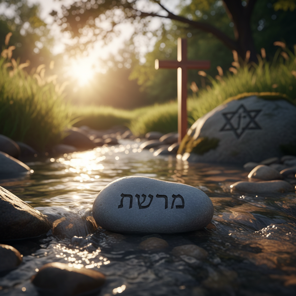 A small, smooth river stone engraved with the word “Emunah” (faith) in clean Hebrew lettering sits at the edge of a gently flowing stream. The stone’s surface is slightly wet, deepening its natural gray tone and making the inscription more pronounced. Clear water glides over rounded pebbles, catching light and creating tiny, bright reflections. On the opposite bank, a single, modest wooden cross-shaped post and a discreet Messianic symbol carved into a nearby rock blend naturally into the scene. Soft golden hour sunlight filters through overhanging branches, casting warm highlights and long, gentle shadows that emphasize texture and depth. Photographic realism, shot at a low, close angle with the stone in sharp focus and the background softly blurred, evoking quiet trust, resilience, and the steady flow of a life rooted in Yeshua.