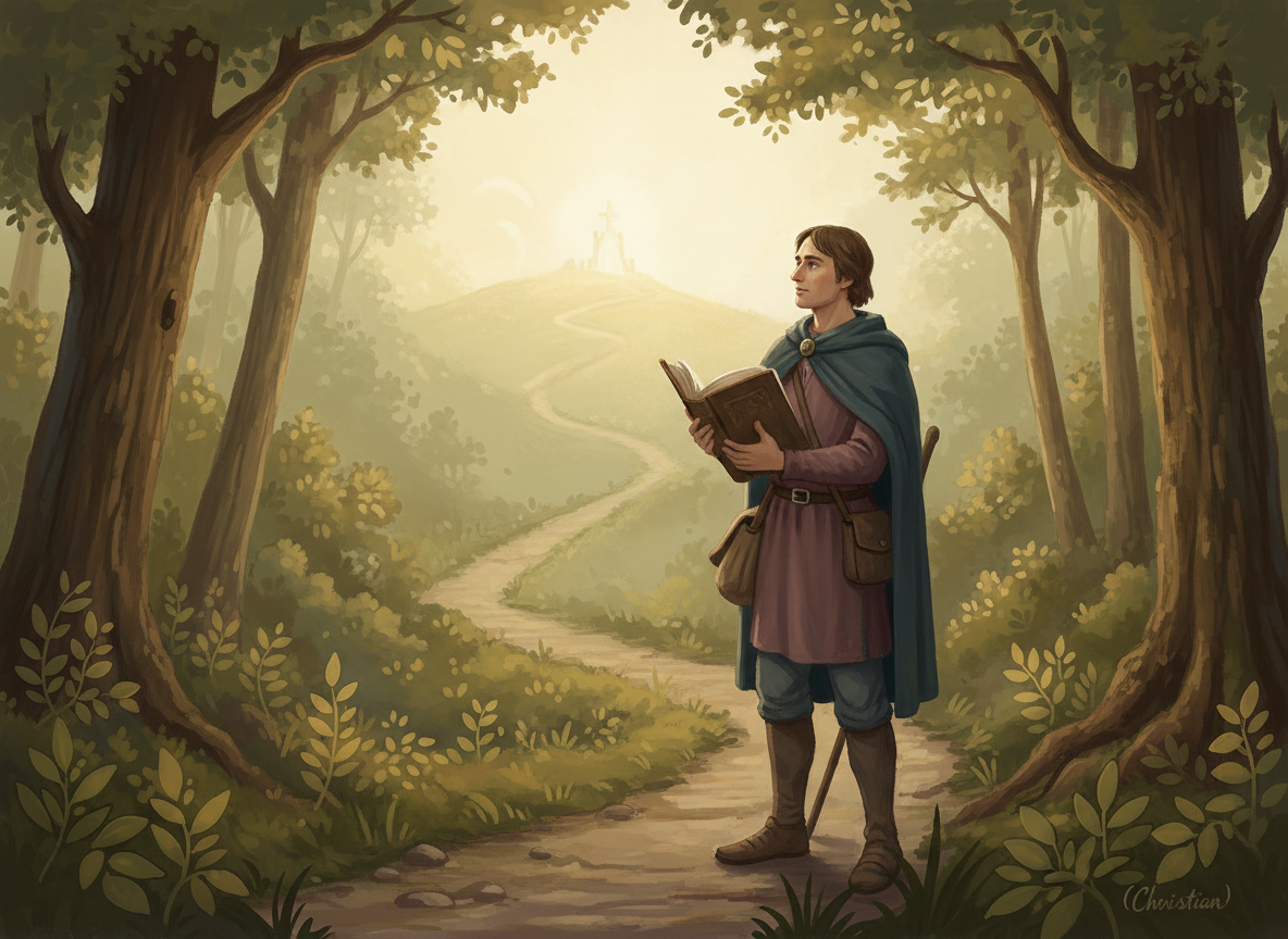 Illustration of Christian from John Bunyan’s “The Pilgrim’s Progress” standing on a narrow path, holding a worn book and looking thoughtfully toward a distant light on a hill. Painterly, contemplative style that echoes the site’s existing imagery: muted greens, warm earth tones, and soft golden light. Gentle contrast, no harsh outlines, with a subtle, modern devotional feel that fits alongside the current forest path, journal, and compass images.