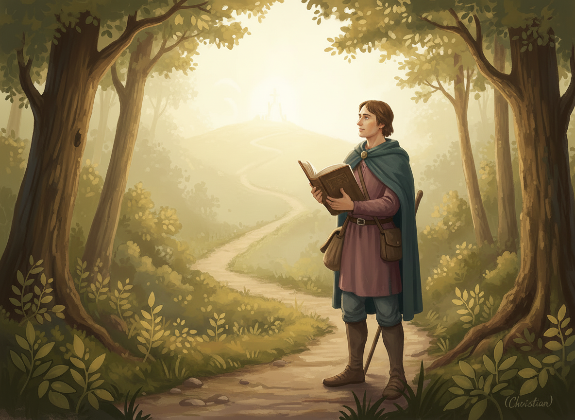 Illustration of Christian from John Bunyan’s “The Pilgrim’s Progress” standing on a narrow path, holding a worn book and looking thoughtfully toward a distant light on a hill. Painterly, contemplative style that echoes the site’s existing imagery: muted greens, warm earth tones, and soft golden light. Gentle contrast, no harsh outlines, with a subtle, modern devotional feel that fits alongside the current forest path, journal, and compass images.